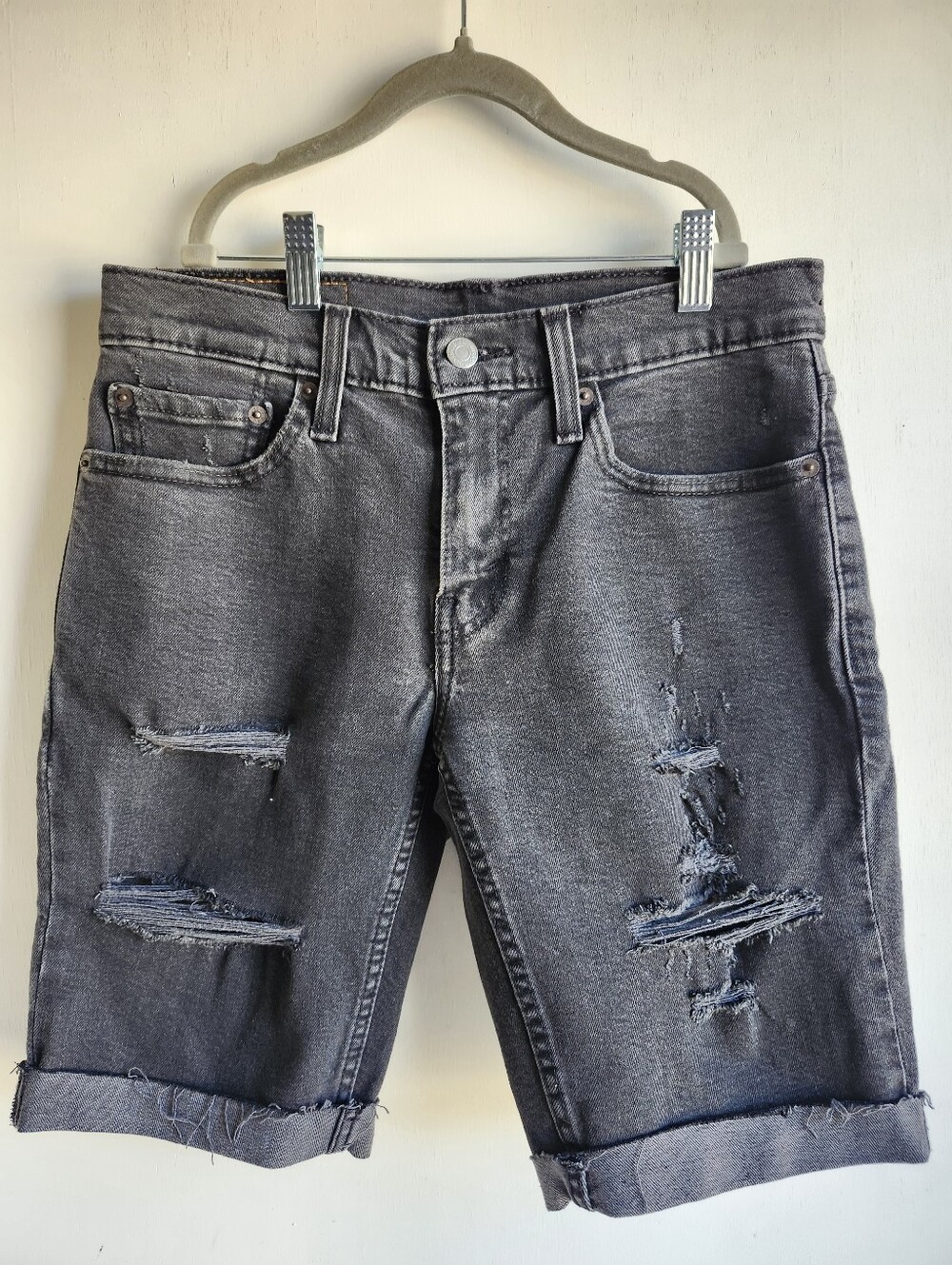 Levi Men's Black Distressed Denim Jean Shorts with Rolled Hem